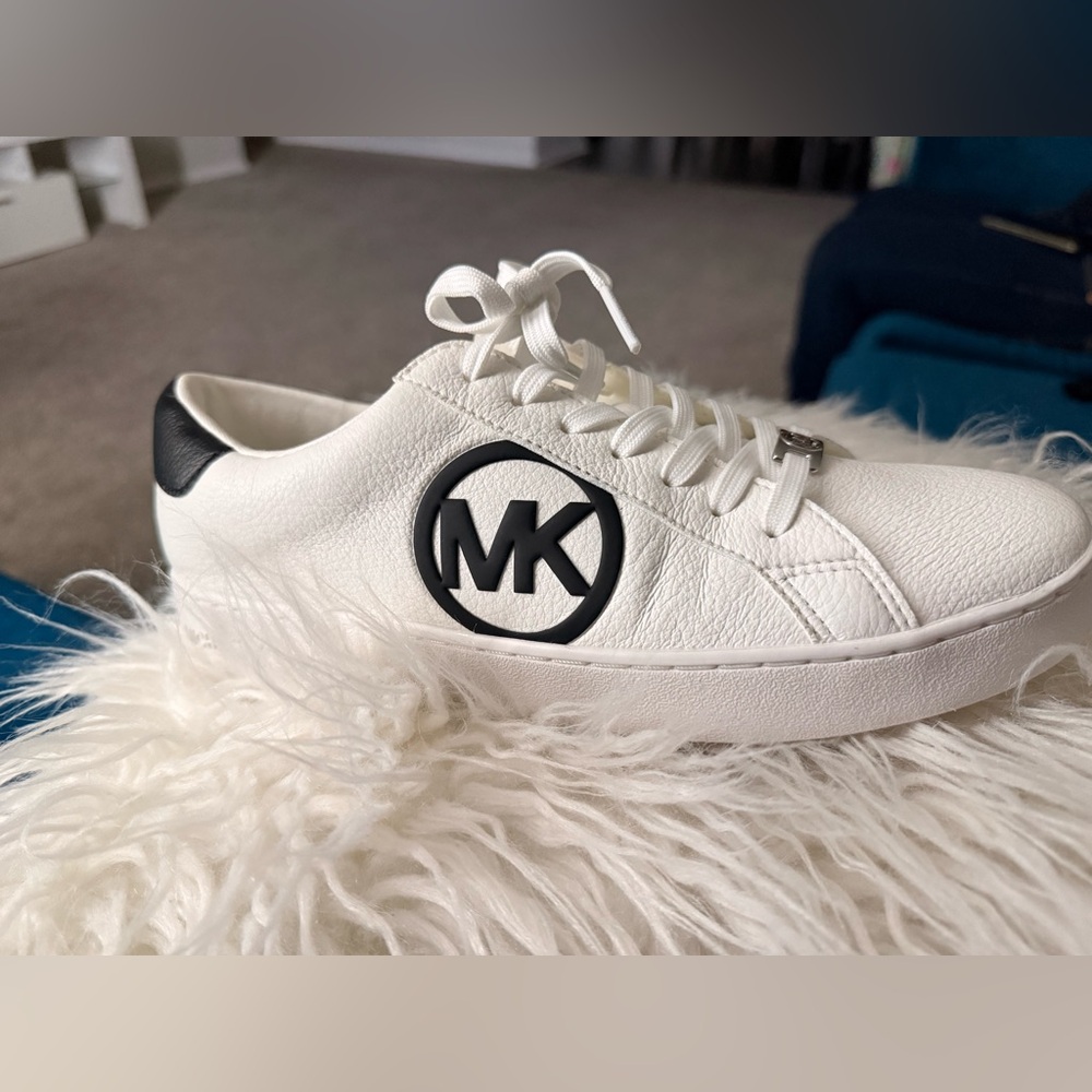 Michael Kors White Leather Sneakers with Black MK Emblem